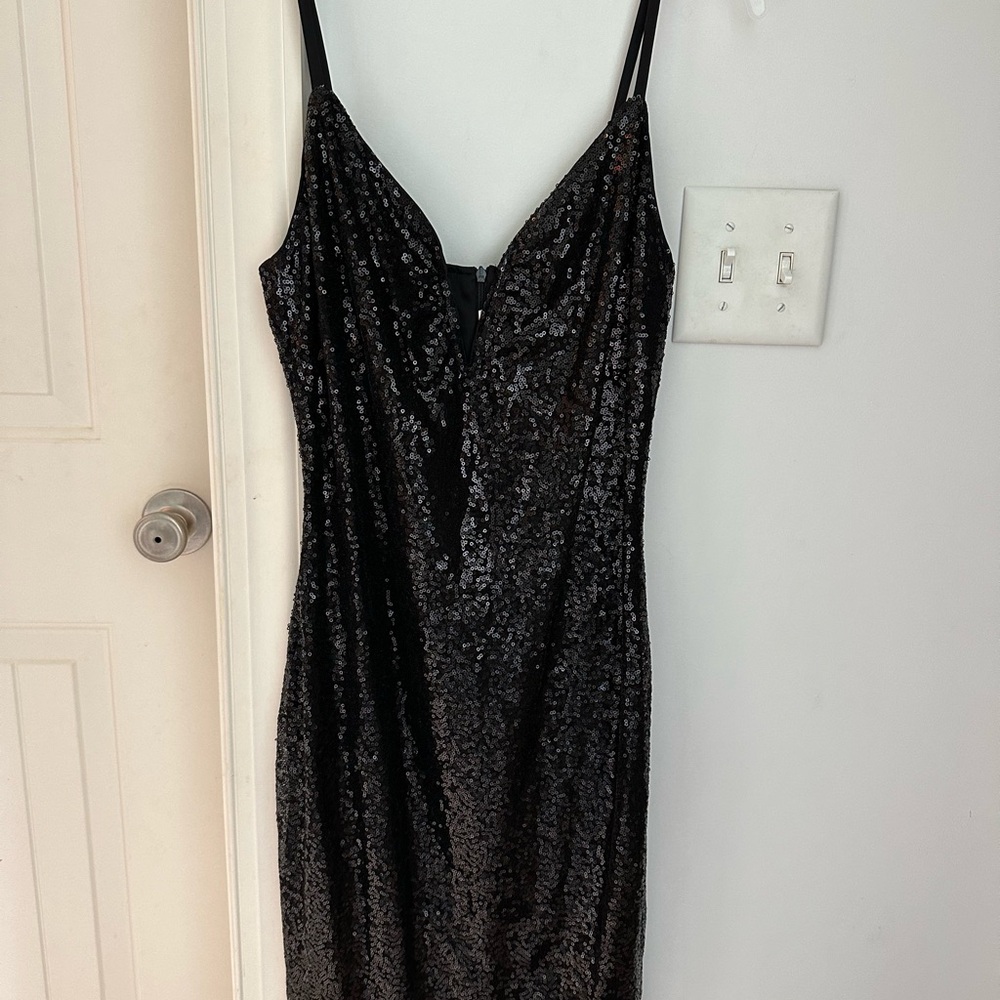 Black Sequined Spaghetti Strap Dress with Front Slit Size L